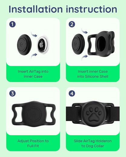 WhoseID IP68 Waterpoof Dog Air tag Holder, Stretchy Silicone Full Body Covered Apple Air Tag Holder for Dog Cat Collar Fit All Width Collar (Black1, 1 Pack)