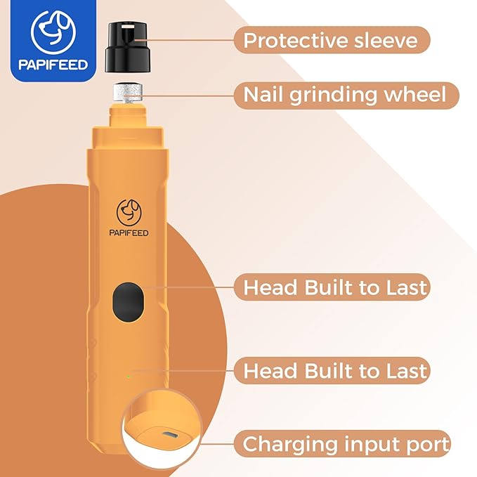 PAPIFFEED Dog Nail Clippers & Dog Nail Grinder, Quiet 3-Speed Electric Dog Nail Trimmers with Dual LED Light, Rechargeable Pet Nail File for Small Medium Large Dogs & Cats (Orange)
