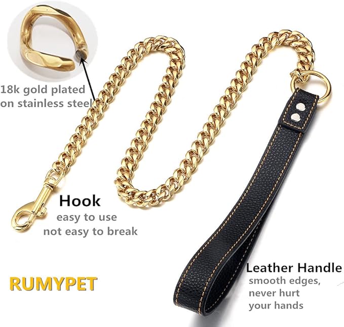 18K Gold Dog Chain Leash 15MM Solid Chew Proof 316L Stainless Steel Cuban Link Chain with Smooth Leather Handle Beautiful Leash for Walking Training 3FT/4FT/5FT(15mm,5ft)…