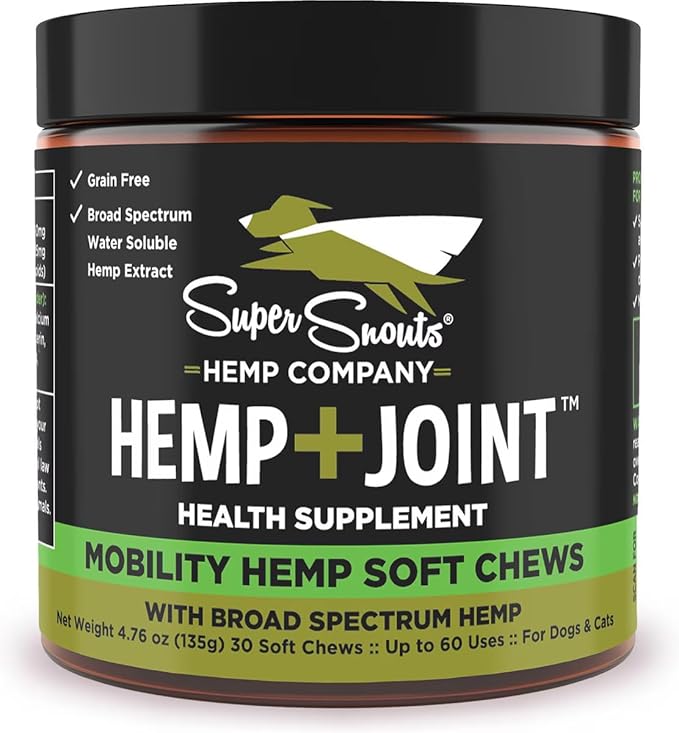 Super Snouts Hemp & Joint Chew for Dogs & Cats, 30 Chews (Up to 60 servings) – Made in USA Hip & Joint Supplement with Green Lipped Mussels, Hemp Helps Calms Joint Inflammation & Relief Joint Pain