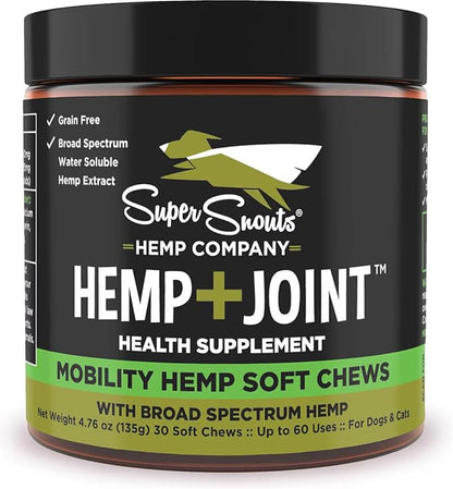 Super Snouts Hemp & Joint Chew for Dogs & Cats, 30 Chews (Up to 60 servings) – Made in USA Hip & Joint Supplement with Green Lipped Mussels, Hemp Helps Calms Joint Inflammation & Relief Joint Pain