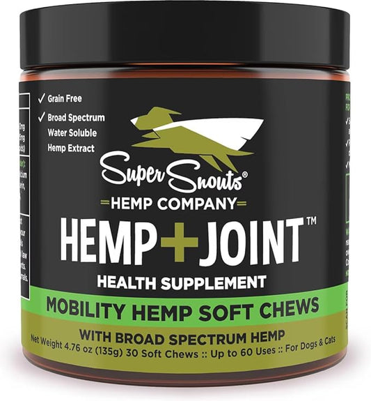 Super Snouts Hemp & Joint Chew for Dogs & Cats, 30 Chews (Up to 60 servings) – Made in USA Hip & Joint Supplement with Green Lipped Mussels, Hemp Helps Calms Joint Inflammation & Relief Joint Pain