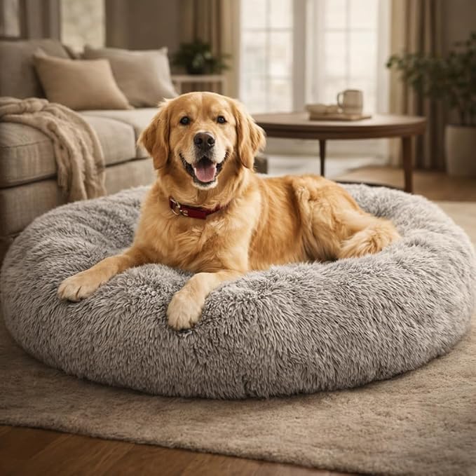 Dog & Cat Bed for Indoor Cats, 37in Calming Donut Pillow mat for Puppy and Kitten, Washable Cooling Round Fluffy Pet Nest for Small Medium Dogs and Cats, Light Grey