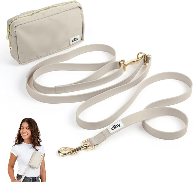 elby - Hands Free Dog Leash with Treat Pouch - Dog Walking Accessories - Dog Training Leash with Fanny Pack - Dog Accessories and Walking Essentials - Medium and Large Dogs (Beige, Long)