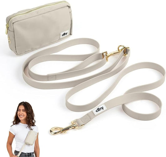 elby - Hands Free Dog Leash with Treat Pouch - Dog Walking Accessories - Dog Training Leash with Fanny Pack - Dog Accessories and Walking Essentials - Medium and Large Dogs (Beige, Long)