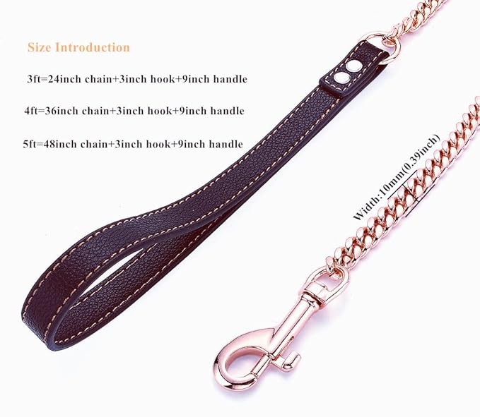 Rose Gold Dog Chain Leash 10MM 14MM Curb Cuban Link Chain Dog Leash Strong Chew Proof Stainless Steel Leash 3FT/4FT/5FT for Small Medium Large Dogs(10mm,4ft)…