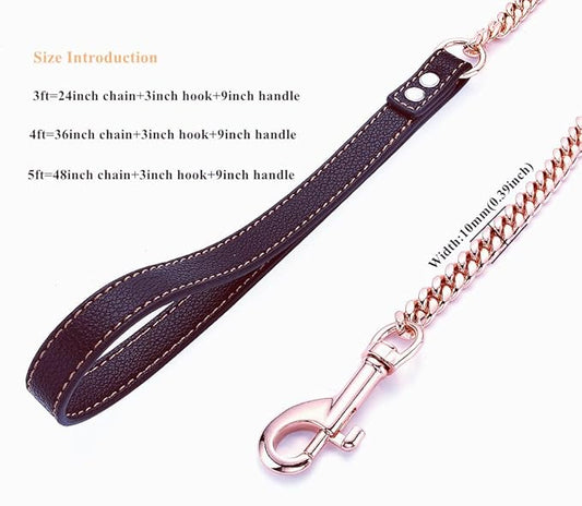 Rose Gold Dog Chain Leash 10MM 14MM Curb Cuban Link Chain Dog Leash Strong Chew Proof Stainless Steel Leash 3FT/4FT/5FT for Small Medium Large Dogs(10mm,4ft)…