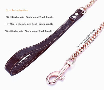 Rose Gold Dog Chain Leash 10MM 14MM Curb Cuban Link Chain Dog Leash Strong Chew Proof Stainless Steel Leash 3FT/4FT/5FT for Small Medium Large Dogs(10mm,5ft)…