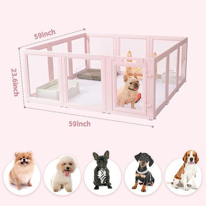 LoveTail DIY Clear Acrylic Dog Playpen House,Quick Easy Assembly and Disassembly,Strong Floor Suction,Indoor and Outdoor Use,Easy Cleansing Puppy Fence (Skin Pink, 23.6" H, 12PCS)