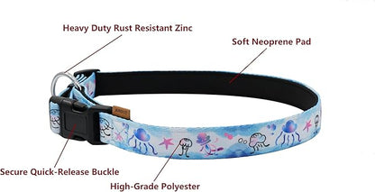 Dog Collar, Cute Jellyfish in Ocean Pattern, Neoprene Padded and Adjustable Collar with Quick Release Buckle, Reinforced Structure (L (Neck 18-28", Width 1"), Ocean Blue)