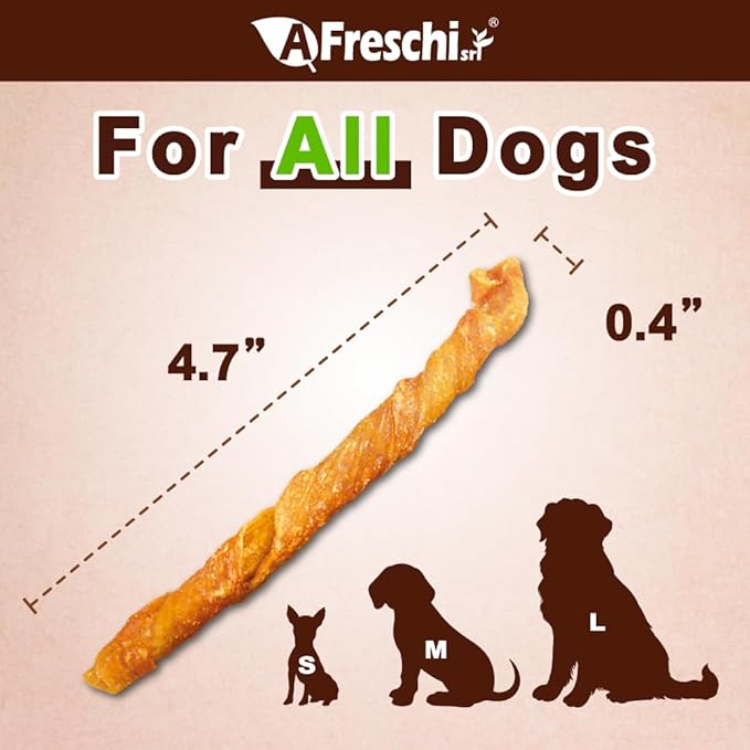 A Freschi srl Turkey Tendons for Dogs, USA-Sourced, Healthy Dog Treats, Rawhide-Free Puppy Chews, All Natural, Hypoallergenic Dog Treats, Turkey Tendon Wrapped Chicken Stick, 3.5 oz Pack