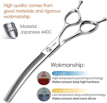 Curved Thinning Shears for Dogs Grooming 7.0'' Multipurpose Professional Pet Curved Blender Scissors for Dog Grooming 35% Thinning Rate (7.0 In, V Type Blender)