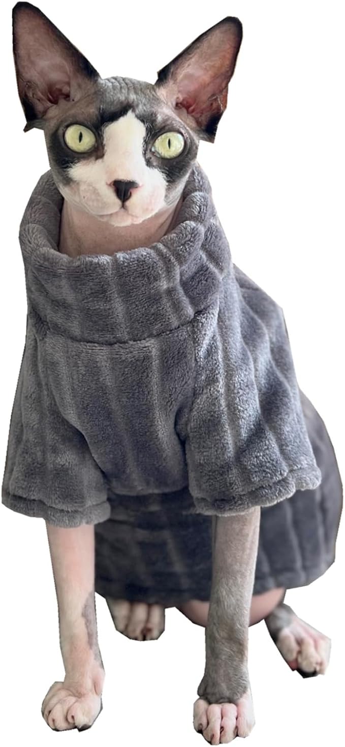 Turtleneck Sweater for Sphynx Cat Soft Coral Fleece Cat Clothes Thick Winter Warm Outfit Coat for Hairless Cats and Small Dogs Apparel with Sleeves (Grey, M (5-7 lbs))