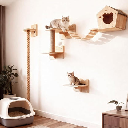 Cat Wall Shelves, Multi-Level Cat Climbing for Indoor Cats, DIY Wall-Mounted Cat Furniture Set with Toys for Play & Rest