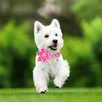 Dog Collar with Flower, UP URARA PUP Cute Pink Dog Bowtie Collar, Detachable Flower Bow Puppy Collar with Metal Buckle for Dogs,XS