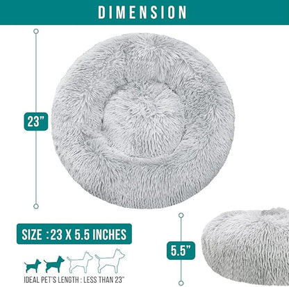 PetAmi Calming Dog Bed for Small & Medium Dogs and Cats, 23” Round Donut Dog Bed, Washable Fluffy Faux Fur Puppy & Cat Bed, Anti-Anxiety Plush Cuddler Pet Bed with Anti-Slip Bottom - Light Gray