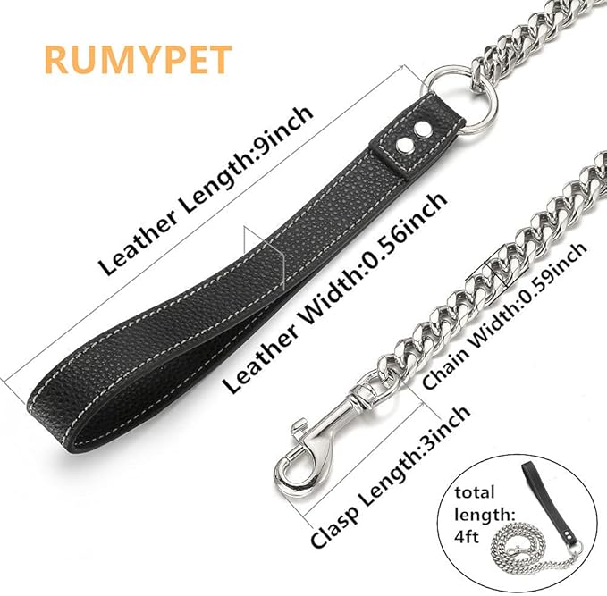 Silver Chain Dog Leash 15MM Solid Chew Proof 316L Stainless Steel Cuban Link Chain with Genuine Leather Handle Training Walking 3FT/4FT/5FT for Small Medium Large Dogs(15mm,4ft)…
