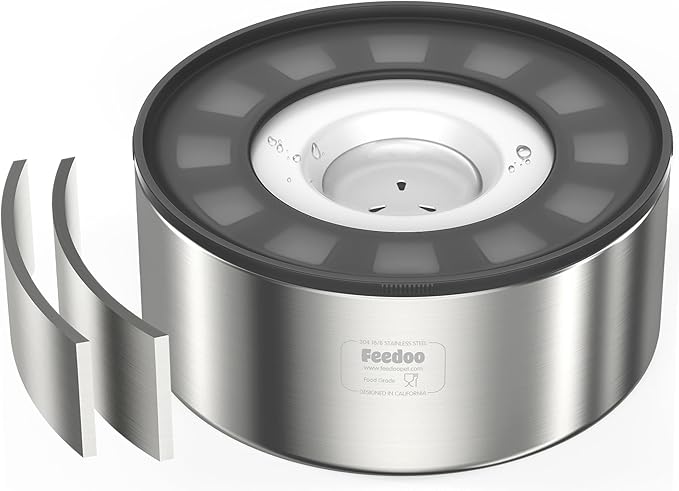 Feedoo 2L No Spill Water Bowl for Dogs, Double-Wall Stainless Steel with Splash-Proof Paws Lid and Floating Disk, Non-Slip Base, Easy to Clean Slow Water Feeder for Small Medium Dogs