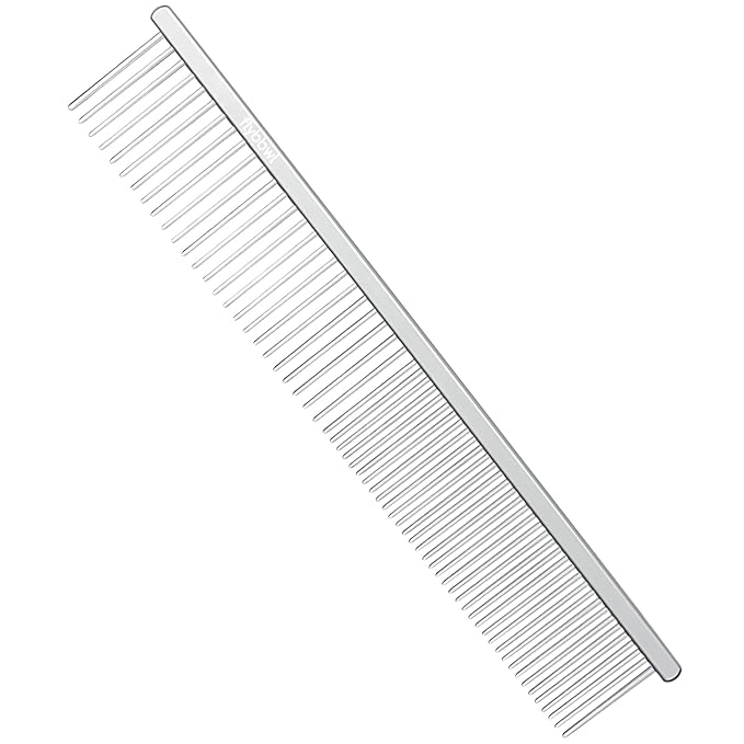 Flybbwl Stainless Steel Dog Comb - Cat Combs with Rounded Ends Teeth - Professional Metal Pet Grooming Removes Tangles Knots for Dogs Cats 7.6IN/1.42IN