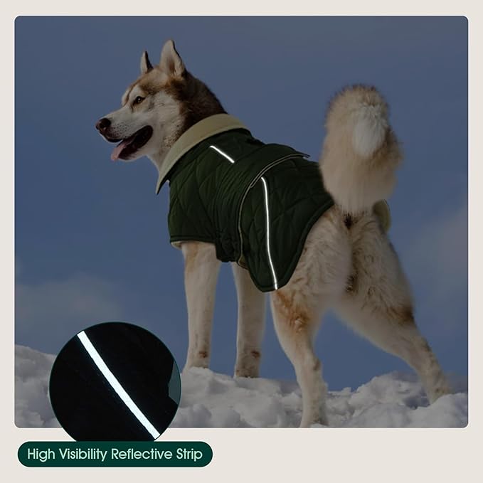 Kuoser Dog Coat, Super-Warm Dog Jacket Windproof Pet Cold Weather Coats for Extra Large Dogs, Fleece Lining Quilted Turtleneck Puppy Snowsuit Reflective Adjustable Doggie Winter Clothes, Green, 3XL