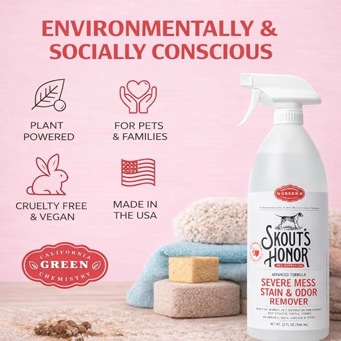 SKOUT'S HONOR Severe Mess Stain & Odor Eliminator, Powerful Stain Remover and Carpet Cleaner for Tough Dog Messes, Eco-Friendly Carpet Deodorizer, Cleaning Spray and Poop Spray, 35 oz