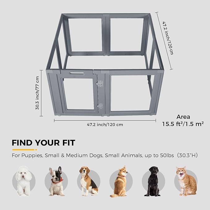 Everfront Clear Dog Play Pen - Easy Assemble Durable Plastic Acrylic Dog Playpen - Dog Playpen Indoor, Puppy Playpen, Cat Playpen, Small Animal Playpen, Dog Play Pen Indoors (Grey, 30.3" H, 8PCS)