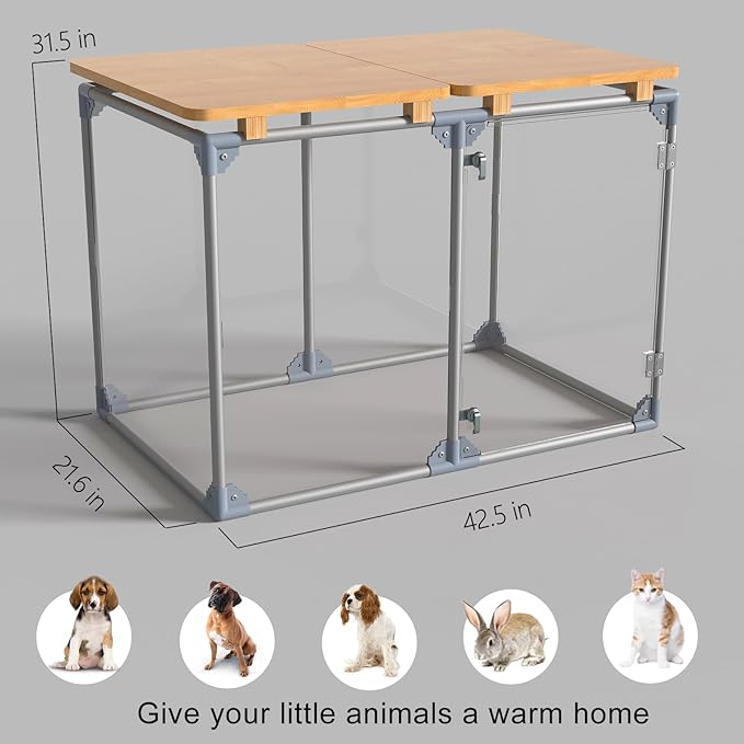 Clear Acrylic Dog Cage Furniture, Decorative Dog Kennel Furniture with Solid Wood Tabletop, 41 Inch, 6 Panels, Transparent Pet Fence for Small Dogs, Rabbits, Hedgehogs, and Cats