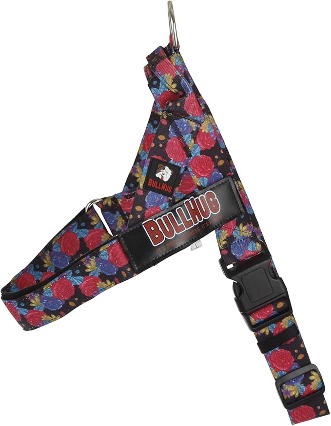 BULLHUG Adjustable Dog Harness– No Pull, No Choke – for English Bulldogs, French Bulldogs, Pugs & Broad-Chested Breeds – Easy, Safe Walks (Black Floral, Large)