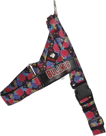 BULLHUG Adjustable Dog Harness– No Pull, No Choke – for English Bulldogs, French Bulldogs, Pugs & Broad-Chested Breeds – Easy, Safe Walks (Black Floral, Large)
