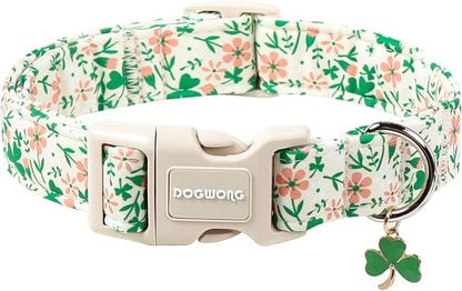 DOGWONG St Patrick's Dog Collar, Green Clover Pet Collar Cotton Flower Shamrock Pet Collar Cute Puppy Collar Adjustable Pet Dog Collars for Small Dogs,S