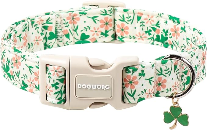 DOGWONG St Patrick's Dog Collar, Green Clover Pet Collar Cotton Flower Shamrock Pet Collar Cute Puppy Collar Adjustable Pet Dog Collars for Large Dogs,L