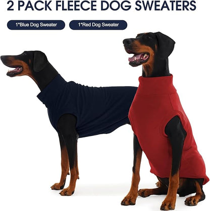 IECOii 2 Pack 4XL Dog Fleece Sweaters for Doberman Boy Girl, Warm & Stretchy Winter Coats with Leash Hole for Large Dogs, Soft Fleece Jacket for Fall Winter, Machine Washable (Size XXXXL, Blue & Red)
