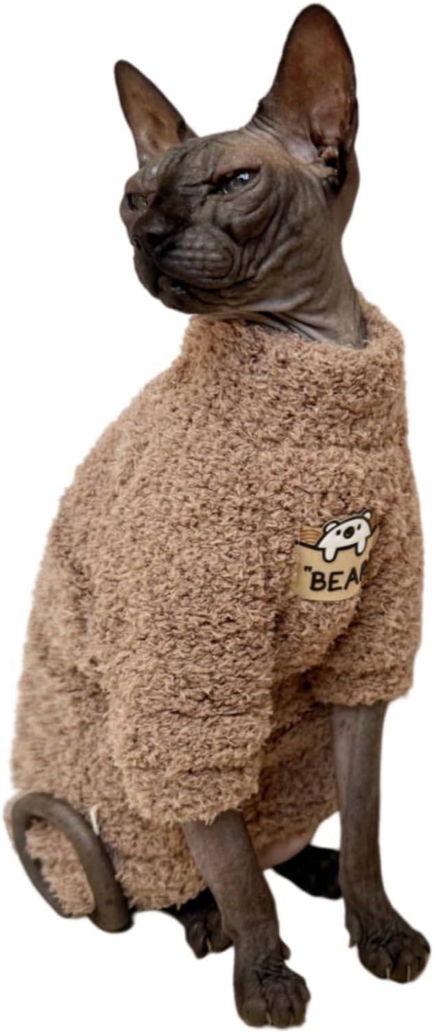 Sphynx Cat Clothes Hairless Cat Super Soft Warm Fleece T Shirt Elastic Winter Sweater Outfit, Pet Clothes for Sphynx Cat Coat for Cats and Small Dogs Apparel (Brown, Medium)