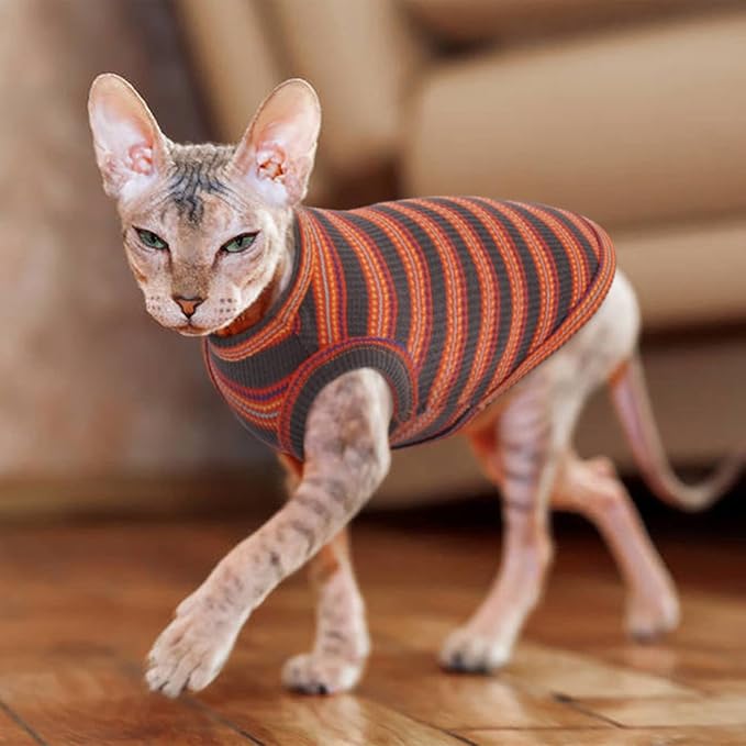 BRKURLEG Sphynx Hairless Cats Shirt Puppy Clothes Soft Cotton T-Shirts Cute Cats Pajamas Cat Stripes Vest Pet Sweater, Round Collar Vest Kitten Shirts(Red Stripes, L)