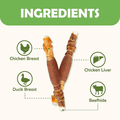 MON2SUN Dog Treats, Triple Flavor 5 Inch Chicken Liver Duck and Chicken Wrapped Rawhide Snacks for Small and Medium Dogs, 10.58 Oz (15 Count-Pack of 1)