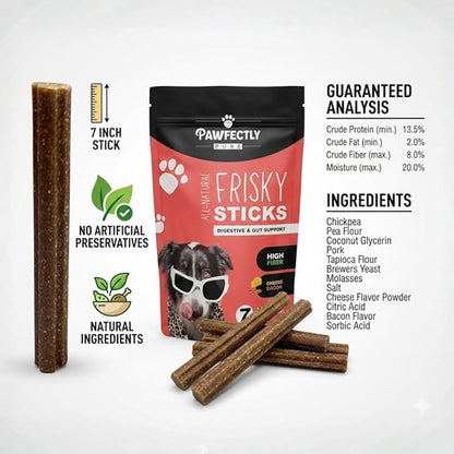 Pawfectly Pure Frisky Sticks Natural Dog Treats, Cheese & Bacon Flavor, 7-Inch Soft Chews, High Fiber Digestive and Gut Support, Grain-Free, Skin & Coat Health, Energy, 16 oz