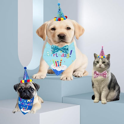 Pet Birthday Party Set with Hat and Bandana for Dogs and Cats with Star Pattern Design, Adjustable Sequin Bow tie Accessories, Blue Birthday Boy Scarf (Blue)