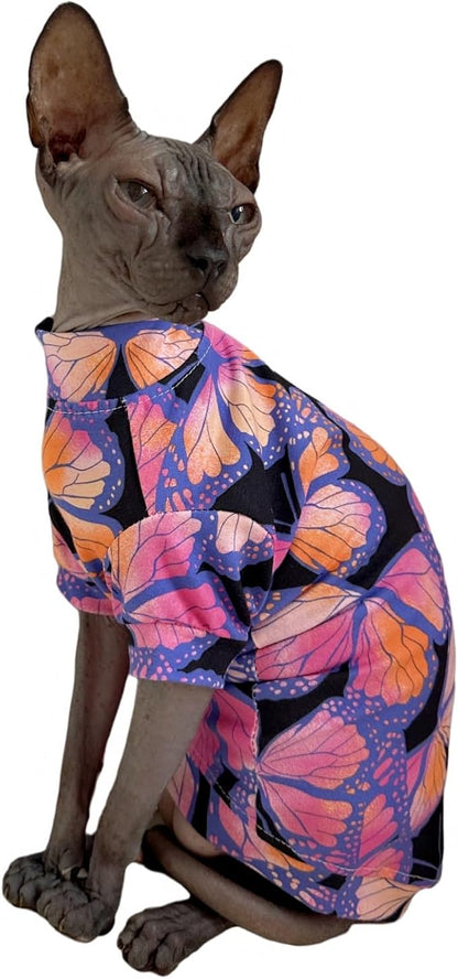 Limited Edition Sphynx Cat T-Shirts Elastic Hairless Cat Sweatshirt Pet Kitten Clothes Round Collar Kitten Shirts Vest Cats & Small Dogs Apparel (Butterfly, S (3.3-4.4 lbs))