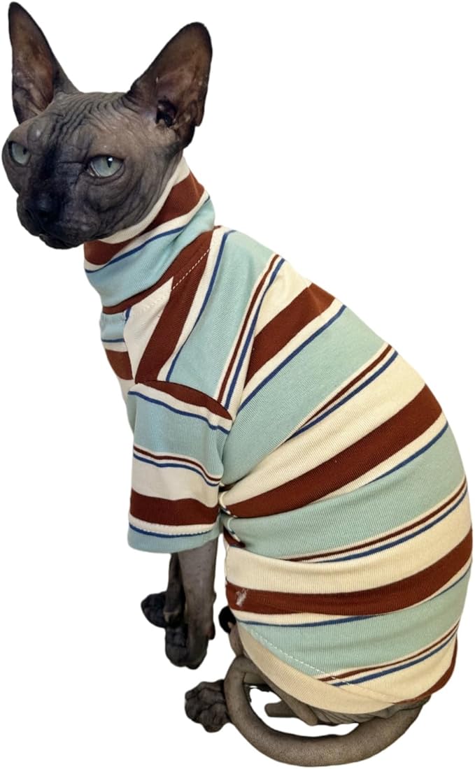 Vintage Stripes Sphynx Hairless Cats Shirt Cotton Cat Turtleneck Pet Clothes Kitten T-Shirts with Sleeves for Sphynx Cornish Rex, Devon Rex, Peterbald (Mint Brown, Large (Pack of 1))