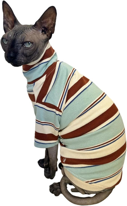 Vintage Stripes Sphynx Hairless Cats Shirt Cotton Cat Turtleneck Pet Clothes Kitten T-Shirts with Sleeves for Sphynx Cornish Rex, Devon Rex, Peterbald (Mint Brown, Large (Pack of 1))
