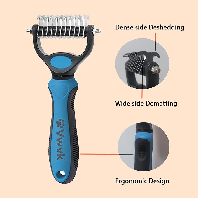 Pet Grooming Combo - Blue Deshedding Brush with Metal Comb, Professional Detangling & Dematting Tool for Long/Matted Fur on Cats and Dogs
