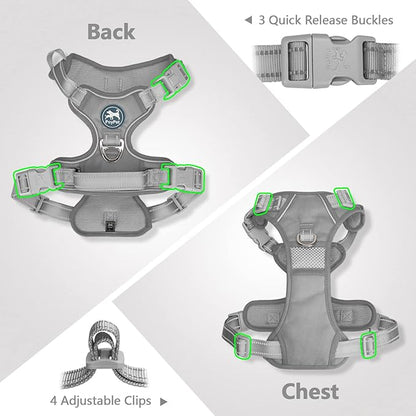 PoyPet No Pull Dog Harness, No Choke Reflective Dog Vest, Adjustable Pet Harnesses with Easy Control Padded Handle for Small Medium Large Dogs(Gray,XL)
