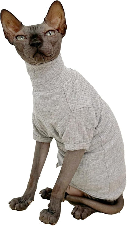 Sphynx Hairless Cats Shirt Cotton Cat Turtleneck Sweater Pullover Kitten T-Shirts with Sleeves Cat Pajamas Jumpsuit for Sphynx Cornish Rex, Devon Rex, Peterbald (Large (Pack of 1), Light Grey)