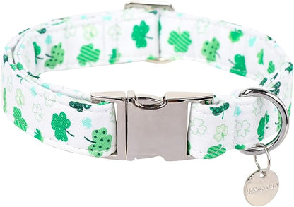 St. Patrick's Dog Collar, Cotton St. Patricks Clover Collar for Puppy Girl Boy Dog or Cat, Lucky Shamrock Dog Collar with Metal Buckle, Green, Spring, XL