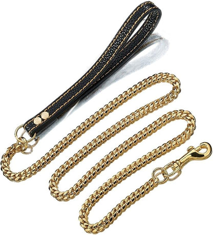 3FT/4FT/5FT Heavy Duty Gold Dog Chain Leash 10MM Stainless Steel Miami Cuban Link Chain with Durable Genuine Leather Handle for Training Walking(10mm,3ft)…