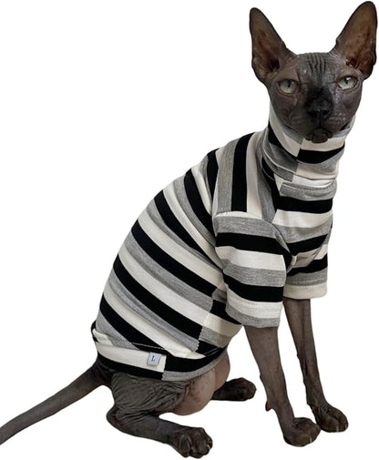 Vintage Stripes Sphynx Hairless Cats Shirt Cotton Cat Turtleneck Pet Clothes Kitten T-Shirts with Sleeves for Sphynx Cats (Black Grey White, Small)