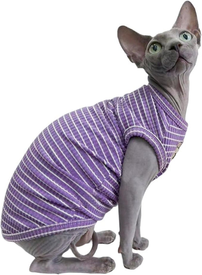Sphynx Cat Clothes Vest for Hairless Cat, Rib Knit Stripe Cats T-Shirt Apparel, Kitten Summer Cotton Shirts Sleeveless for Cornish Rex, Devon Rex, Peterbald (Purple, S (3.5-5 lbs))