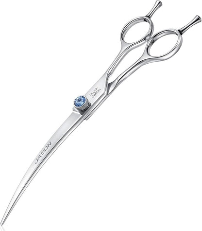 JASON 7" Curved Dog Grooming Scissors, Ergonomic Pets Cats Trimming Shears with Offset Handle and a Jewelled Screw for Right Handed Groomers, Sharp, Comfortable Christmas Gift