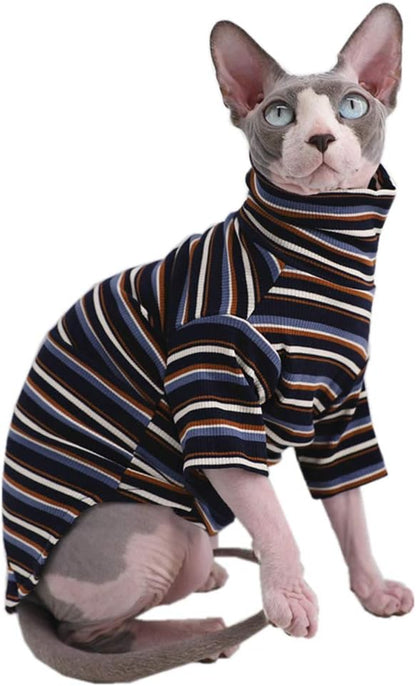 Turtle Neck Vintage Stripes Sphynx Hairless Cat Cotton T-Shirts Pet Clothes Vest Kitten Shirts Sleeveless, Cats & Small Dogs Apparel (Vintage Deep Blue, (7-8.8 lbs))