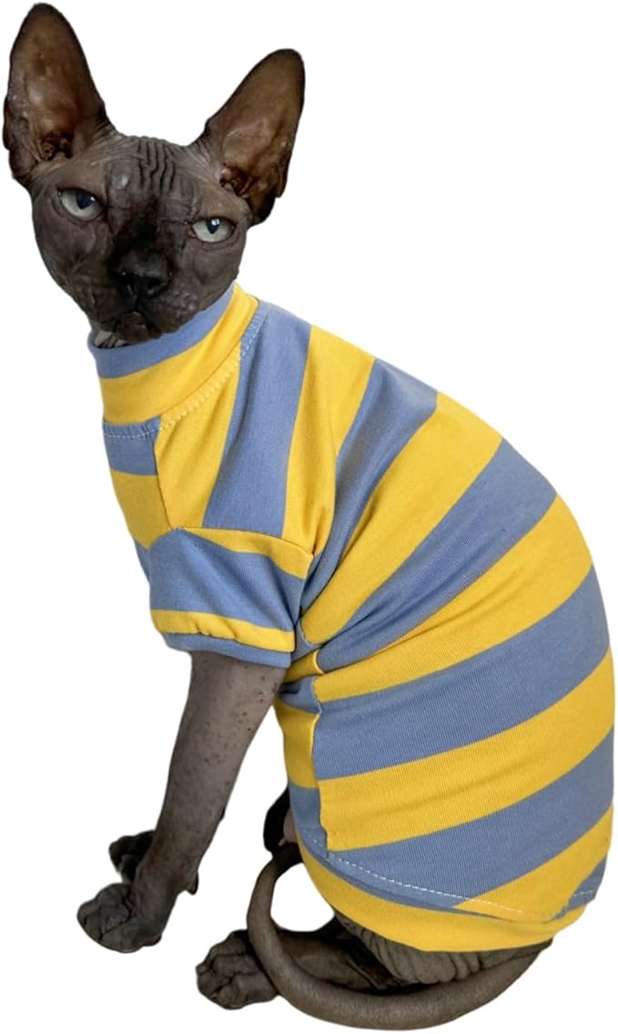 Sphynx Cat Clothes Shirts for Hairless Cat, Wide Stripe Cats Apparel, Kitten Summer Cotton T-Shirts with Sleeves for Cornish Rex, Devon Rex, Peterbald (Blue & Yellow, Small)